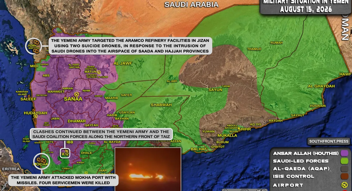 Mapa de la guerra en Yemen el 15 de agosto de 2026